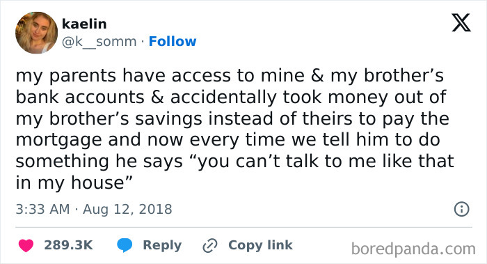 Tweet about parents accessing bank accounts and family financial mishaps, reflecting men humor coping with everyday challenges.