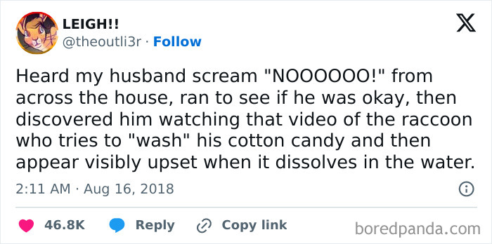 Tweet about a man reacting to a raccoon video, illustrating men humor memes used to cope with emotions instead of therapy.