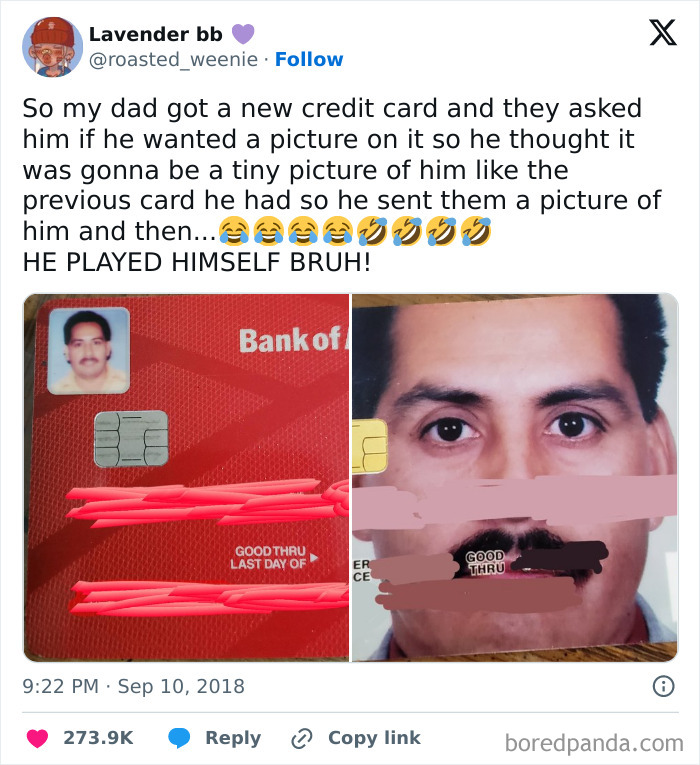Parent humor shown with man using a large photo of his face on a new credit card for a funny twist