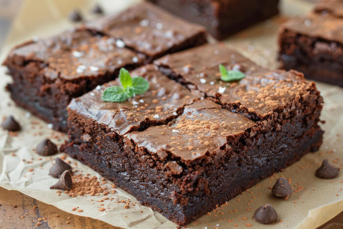 Close-up of rich chocolate brownies with cocoa powder and mint leaves, illustrating surprising school incidents topics.