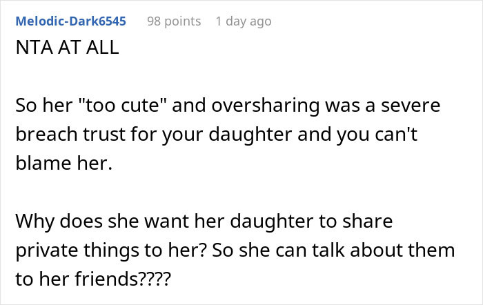 Screenshot of an online comment discussing telling wife why daughter doesn't trust due to oversharing and breach of trust. Screenshot of an online comment discussing telling wife why daughter doesn't trust due to oversharing and breach of trust.