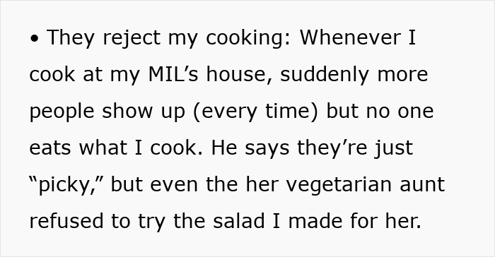 Text excerpt about inlaws pushing boundaries during divorce, describing rejection of cooking at mother-in-law’s house with growing guests who refuse the food. Text excerpt about inlaws pushing boundaries during divorce, describing rejection of cooking at mother-in-law’s house with growing guests who refuse the food.
