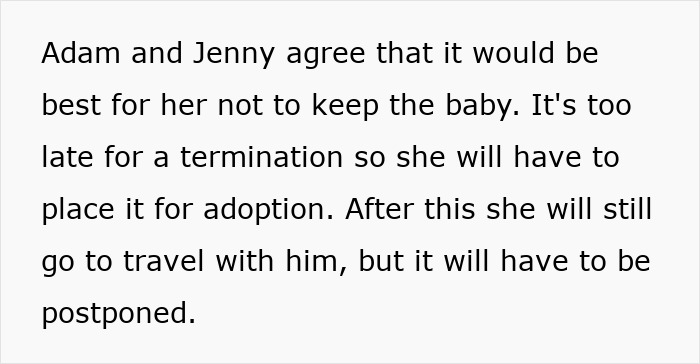 Text excerpt discussing Adam and Jenny deciding on adoption due to pregnancy and postponed travel plans, highlighting toxic romantic behavior.