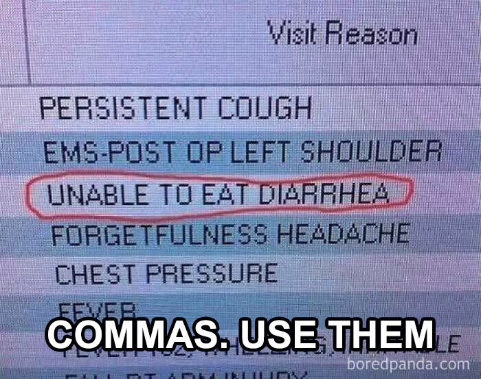 Medical chart showing a note missing commas causing confusion, highlighting humor relevant to EMT and paramedic memes.