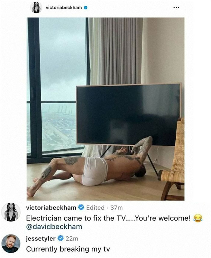 Man in white shorts fixing TV on floor near window, showcasing celebs dropping unexpected gems in the comments section.