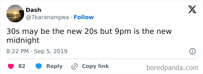 Tweet by Dash humorously comparing 30s to 20s and 9pm to midnight, reflecting men humor memes about coping.