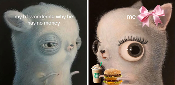 Two cute cartoon animals in a wholesome relationship meme, one confused, the other with a bow and fast food, relatable moment.