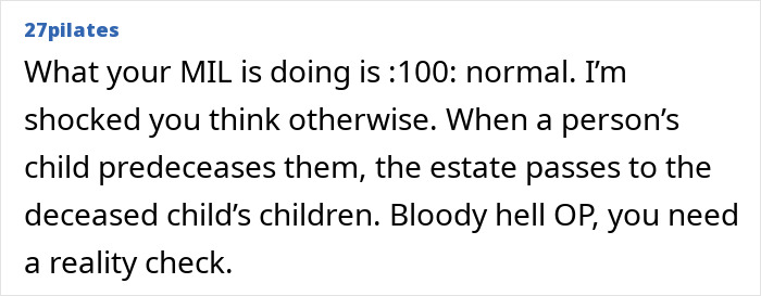 Screenshot of a comment discussing a mother-in-law leaving half her estate to husband and niece, prompting a reality check.