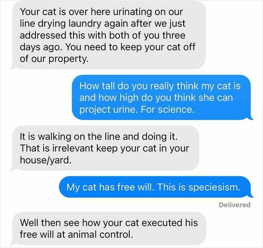 Text conversation about a cat urinating on a laundry line, showing neighbor disputes in remote living situations.