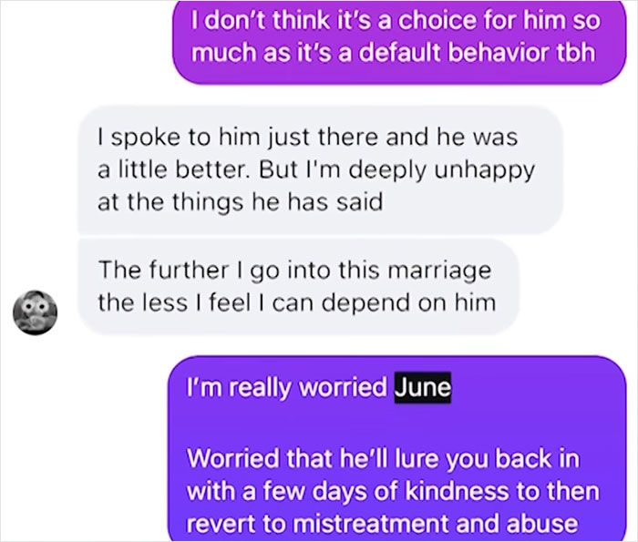 Text message conversation expressing worry about a troubled online marriage and signs of abuse. Text message conversation expressing worry about a troubled online marriage and signs of abuse.