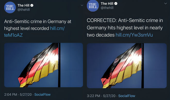 Two social media posts showing a correction on anti-Semitic crime reports, exemplifying companies that failed on social media.