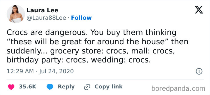 Tweet about Crocs humor highlighting their unexpected versatility, from housewear to weddings, in funny British jokes and memes.