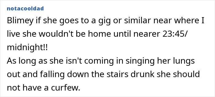 Comment discussing a live-in nanny being placed under a curfew on her nights off by a mom online. Comment discussing a live-in nanny being placed under a curfew on her nights off by a mom online.