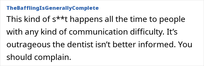 Comment highlighting outrage over a dentist discriminating against an autistic child due to communication difficulties. Comment highlighting outrage over a dentist discriminating against an autistic child due to communication difficulties.