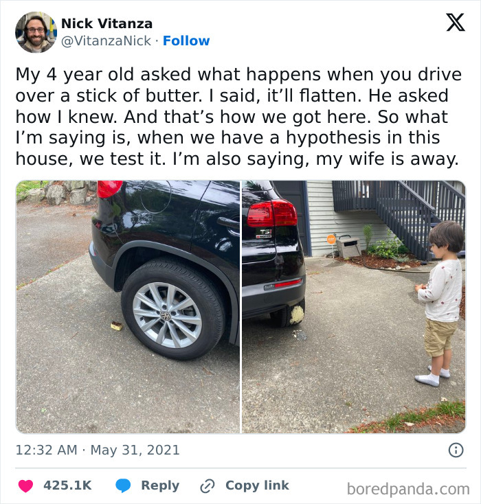 Father and child humor meme showing a flat tire and butter under the car, reflecting men humor coping with life.