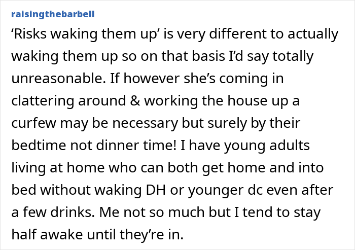 Comment discussing the reasonableness of a live-in nanny curfew and its impact on the household’s routine and sleep. Comment discussing the reasonableness of a live-in nanny curfew and its impact on the household’s routine and sleep.