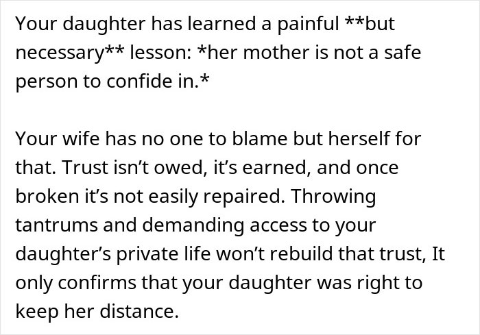 Text explaining why daughter doesn’t trust, showing the impact of broken trust between wife and daughter. Text explaining why daughter doesn’t trust, showing the impact of broken trust between wife and daughter.