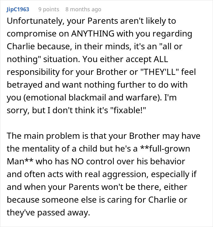 Comment discussing parents expecting son to care for autistic brother and the emotional challenges involved. Comment discussing parents expecting son to care for autistic brother and the emotional challenges involved.