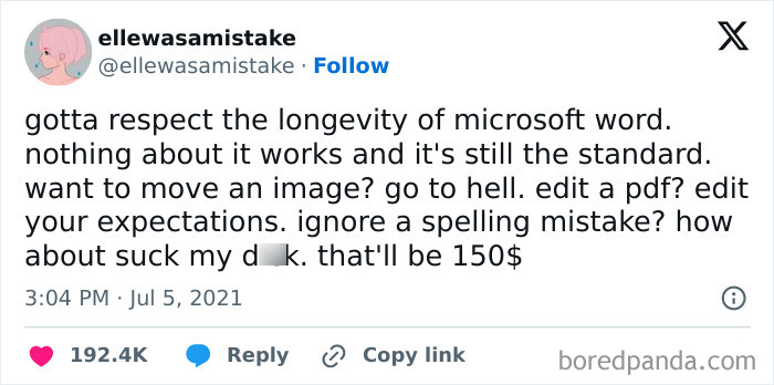 Text meme about millennial struggles with Microsoft Word's limitations and frustrations at work.