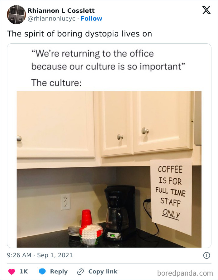 Office coffee station with a sign restricting coffee to full-time staff, highlighting reasons people hate their boss.