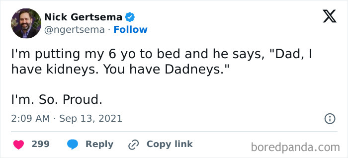 Funny men humor meme showing a dad proud of his child's pun about kidneys and dadneys at bedtime.