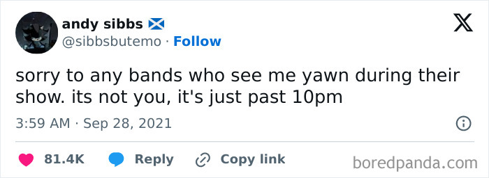 Men humor meme about yawning during a band show after 10pm, reflecting relatable coping humor for men.