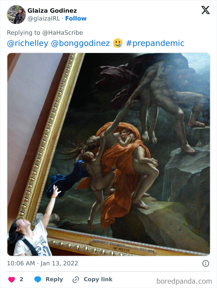 Woman playfully imitating iconic art by reaching toward figures in a dramatic classic painting with flowing robes and dynamic poses.