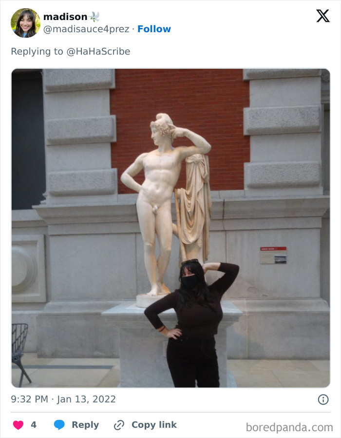 Person imitating iconic art statue pose at museum, showcasing creativity and humor in art imitation photos.