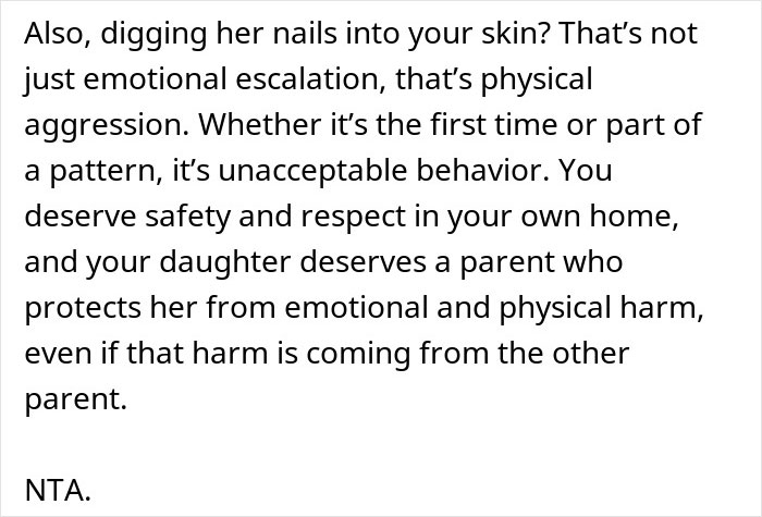 Text discussing physical aggression by a daughter and telling wife why daughter doesn’t trust in a family context. Text discussing physical aggression by a daughter and telling wife why daughter doesn’t trust in a family context.