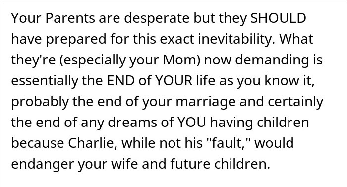 Text discussing parents expecting son to give up life to care for autistic brother and consequences after refusal. Text discussing parents expecting son to give up life to care for autistic brother and consequences after refusal.