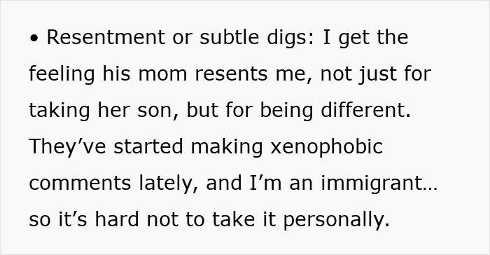 Text showing resentment from inlaws pushing boundaries in a divorce with subtle digs and xenophobic comments. Text showing resentment from inlaws pushing boundaries in a divorce with subtle digs and xenophobic comments.