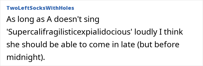 Comment text about a live-in nanny's curfew on nights off shared on a discussion forum. Comment text about a live-in nanny's curfew on nights off shared on a discussion forum.