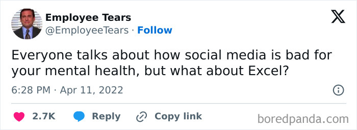 Tweet highlighting millennial struggles at work about mental health impact of Excel versus social media.
