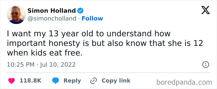 Tweet by Simon Holland about teaching honesty to his child, featured in men humor memes used to cope instead of therapy.