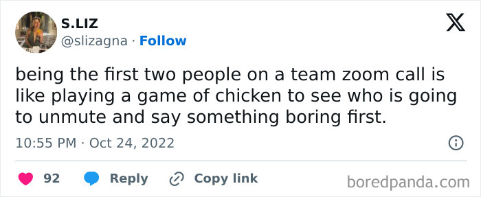 Tweet about Millennial struggles at work describing awkwardness of being first to speak on a team Zoom call meme.