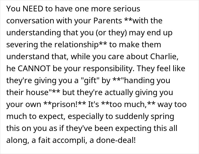 Text about parents expecting son to care for autistic brother, causing family conflict after son says no. Text about parents expecting son to care for autistic brother, causing family conflict after son says no.