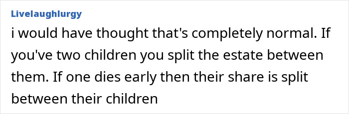Screenshot of a forum comment discussing an entitled lady annoyed about MIL splitting her estate between hubby and niece.
