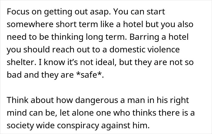 Text advice about escaping danger, emphasizing domestic violence shelter safety and risks of dangerous men. Text advice about escaping danger, emphasizing domestic violence shelter safety and risks of dangerous men.