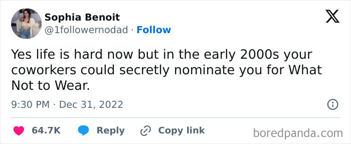 Tweet about early 2000s coworker struggles, highlighting millennial work challenges in relatable meme format.