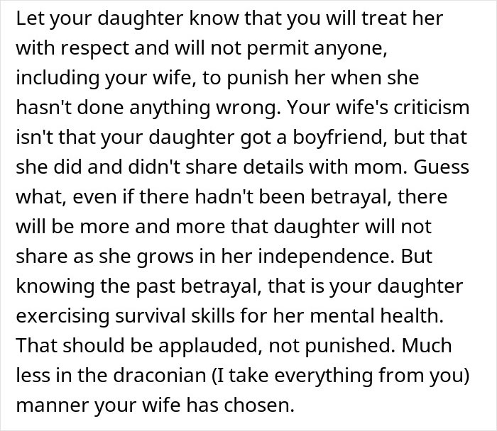 Text about telling wife why daughter doesn’t trust, emphasizing respect and understanding daughter’s survival skills for mental health. Text about telling wife why daughter doesn’t trust, emphasizing respect and understanding daughter’s survival skills for mental health.