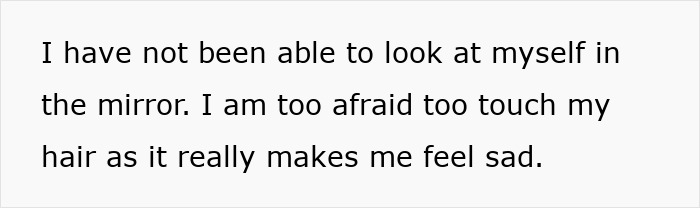 Text image showing emotional statement about feeling sad and afraid to touch hair after getting too short haircut. Text image showing emotional statement about feeling sad and afraid to touch hair after getting too short haircut.