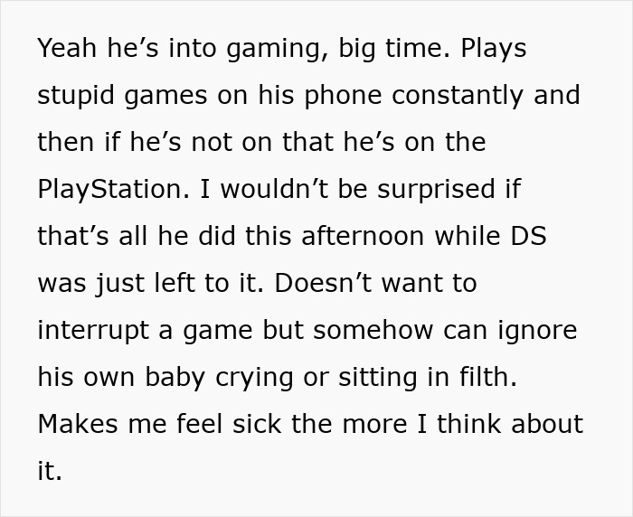 Text discussing a dad focused on gaming who forgets to change his son's diaper or feed him, making mom livid. Text discussing a dad focused on gaming who forgets to change his son's diaper or feed him, making mom livid.