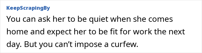 Screenshot of a user comment discussing a live-in nanny curfew and the expectation to be fit for work without curfew imposition. Screenshot of a user comment discussing a live-in nanny curfew and the expectation to be fit for work without curfew imposition.
