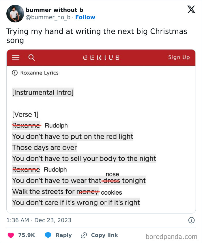 Screenshot of a humorous tweet showing a parody of Christmas song lyrics with funny edits, relatable posts humor.
