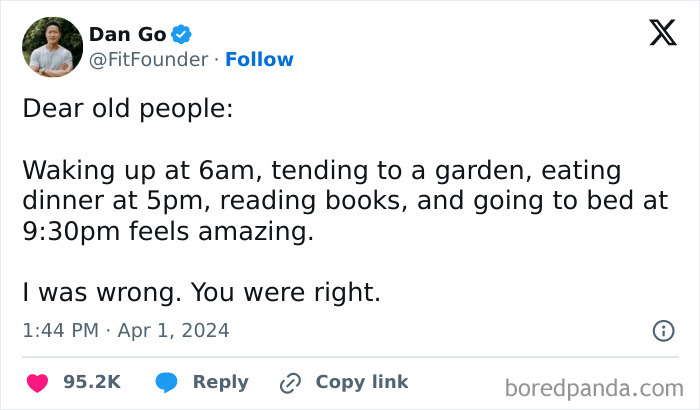 A men humor meme about appreciating a peaceful routine of early mornings, gardening, and early bedtimes.