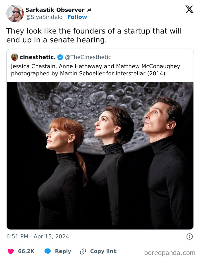 Three people in black turtlenecks posing thoughtfully against the backdrop of a large detailed moon, super culture meme.