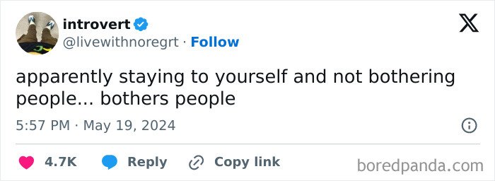 Tweet from introvert humor account about staying to yourself bothering people, illustrating introvert memes to decompress after socializing.
