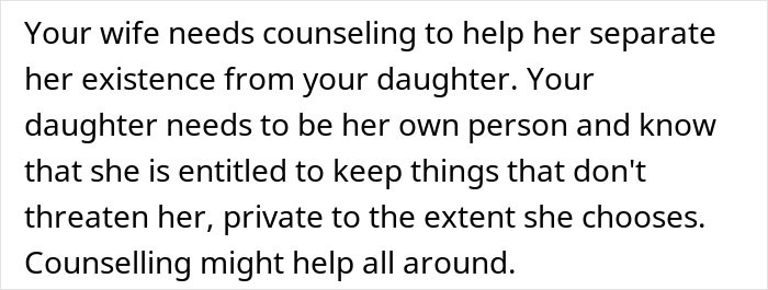 Text explaining counseling to help wife separate her existence from daughter, addressing why daughter doesn't trust. Text explaining counseling to help wife separate her existence from daughter, addressing why daughter doesn't trust.