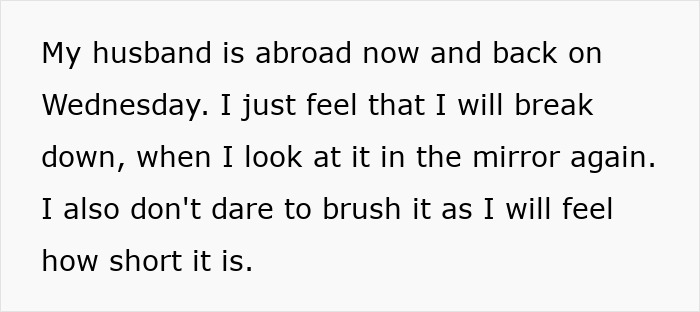 Text excerpt showing feelings about getting a too short haircut compared to emotional loss of father's passing. Text excerpt showing feelings about getting a too short haircut compared to emotional loss of father's passing.