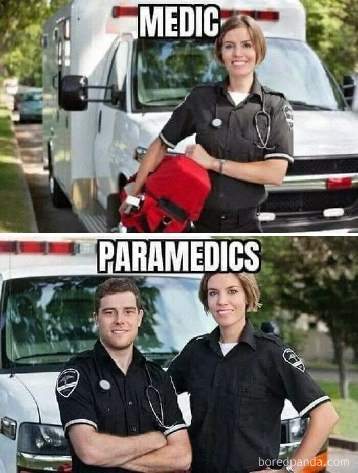 Female and male EMT or paramedic standing by ambulance, representing EMS professionals and paramedic roles.